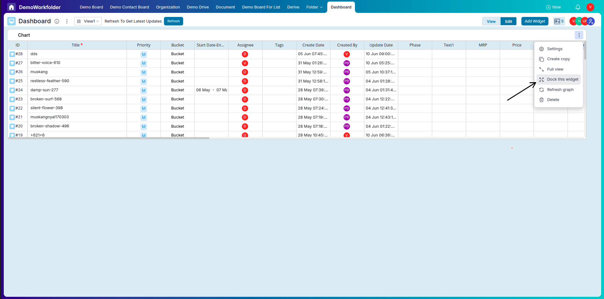 Docking Data Widget in Dashboard