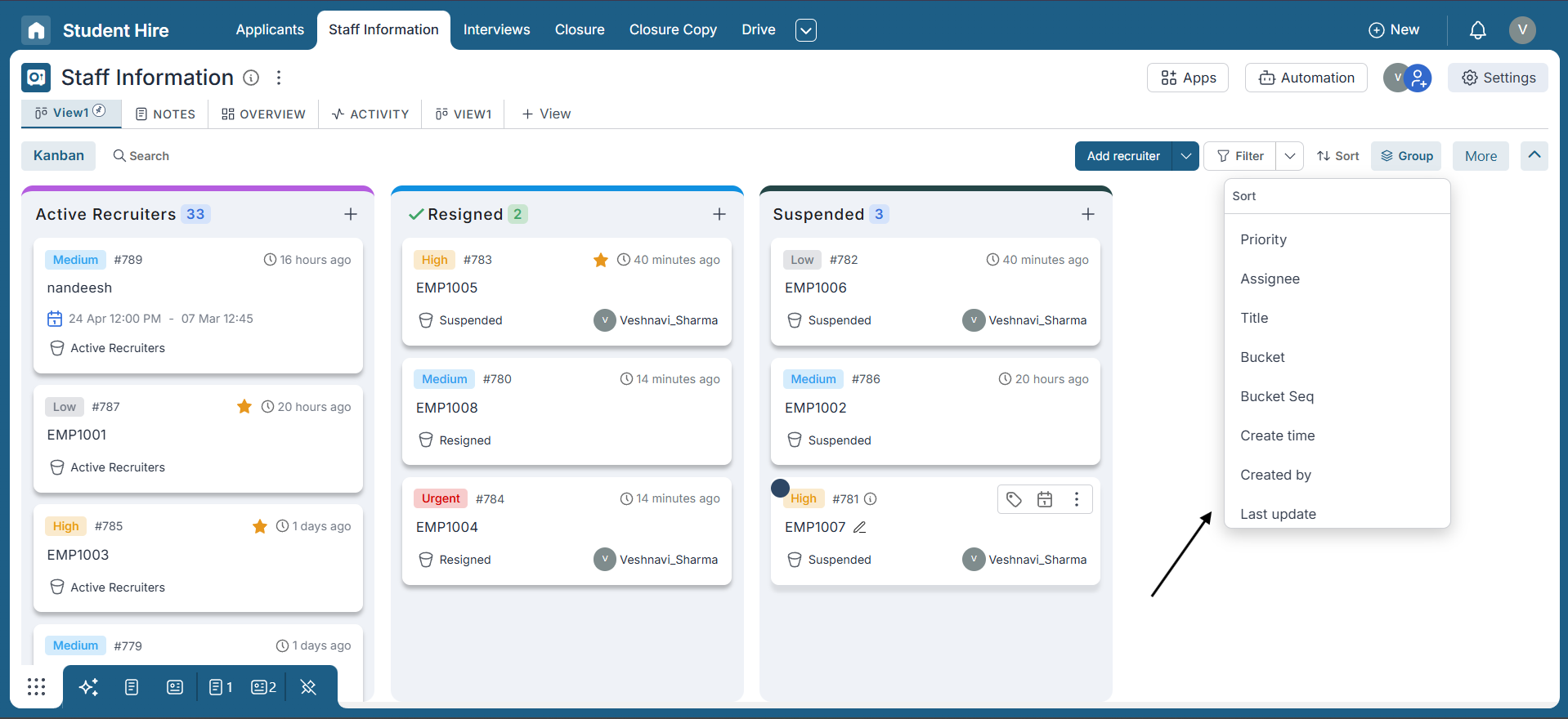 Default sorting options for easier data organization.