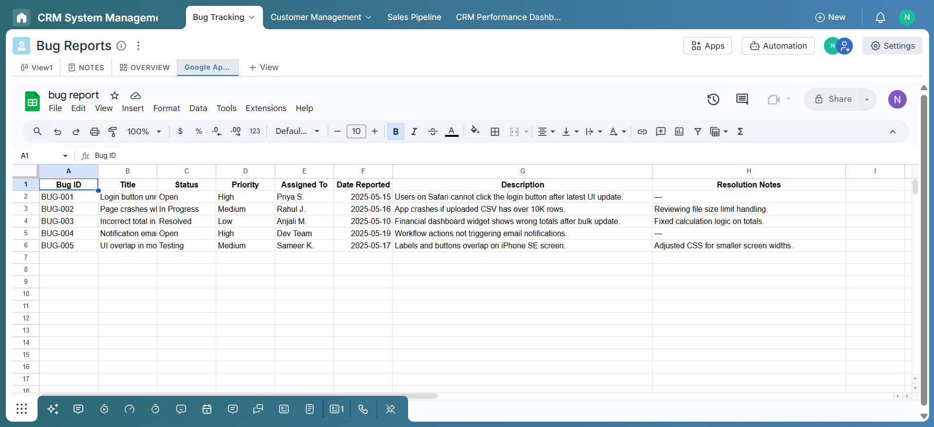 Configured Google Sheet View