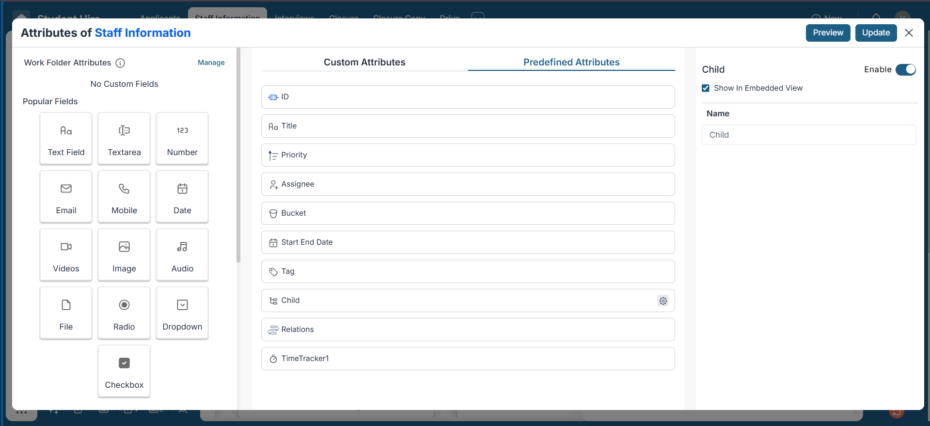 Enable 'Child' attribute and 'Show in Embedded View' to allow subitem creation and visibility in items.