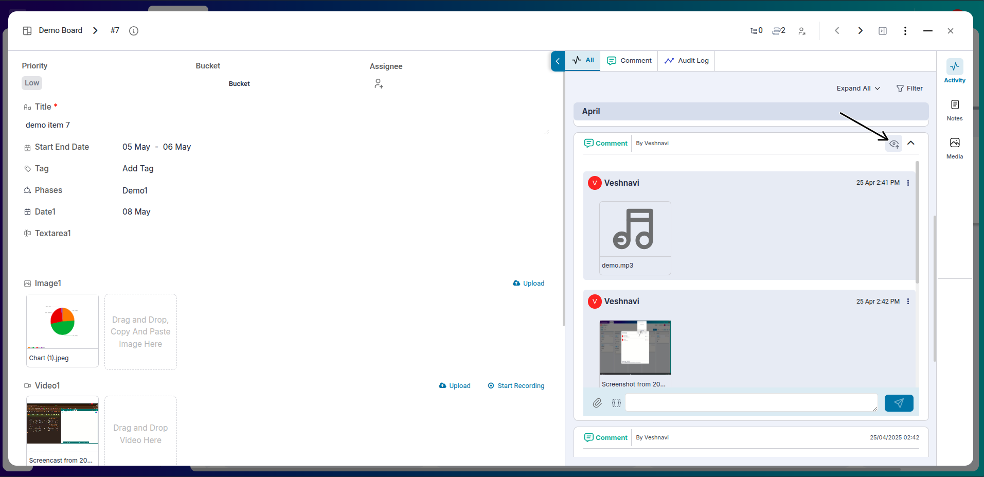 Eye icon redirecting to full activity view