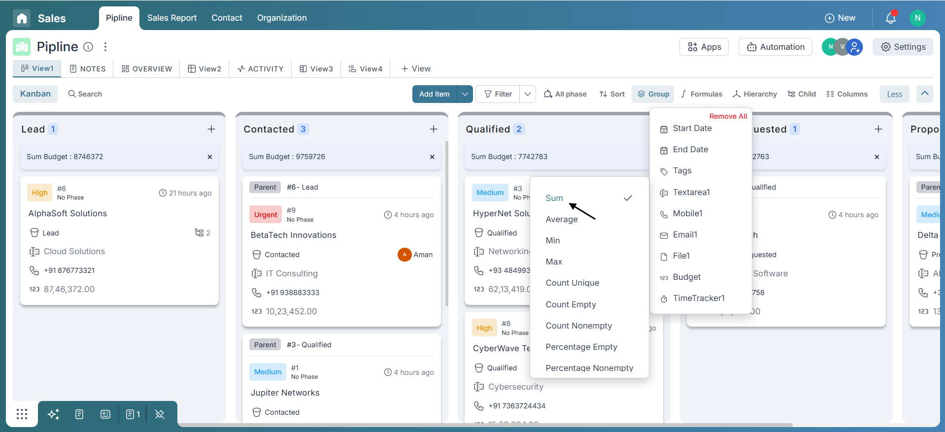 Applying formula summaries to column groups in Kanban view in Pronnel