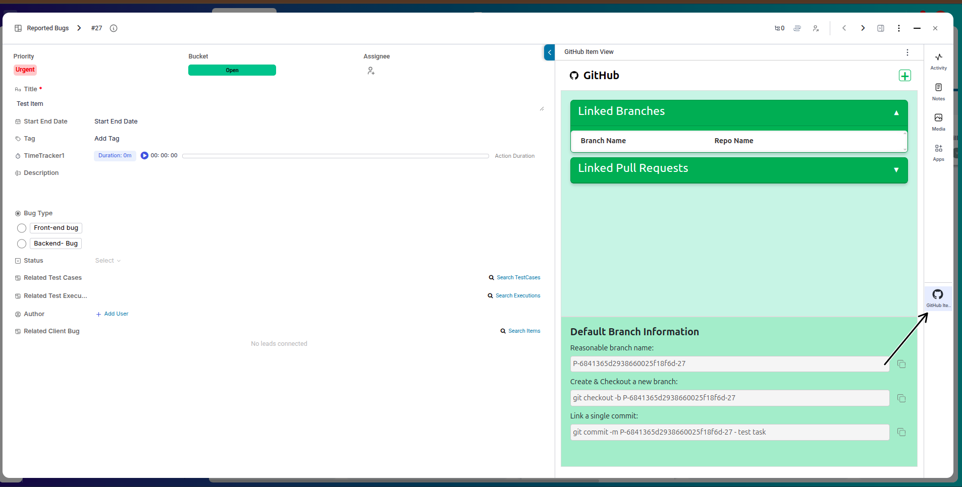 Git panel on right side of item view