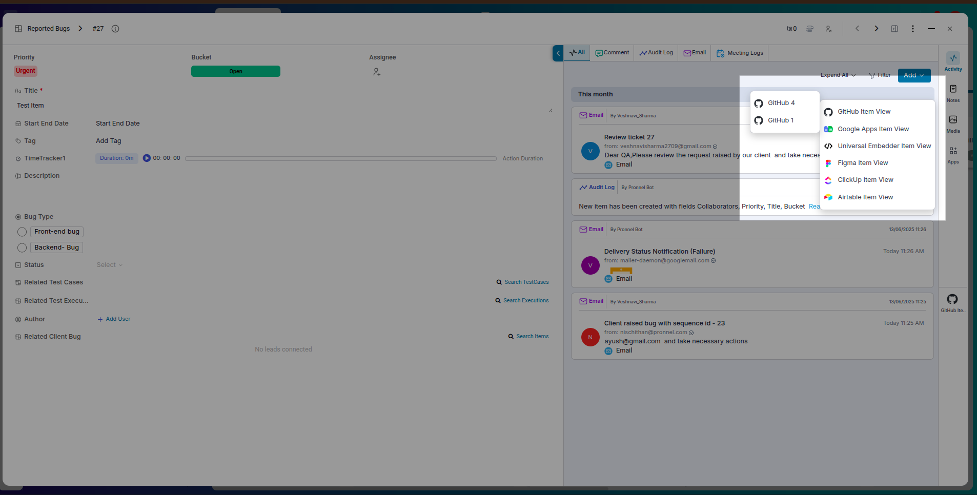 Git panel on right side of item view
