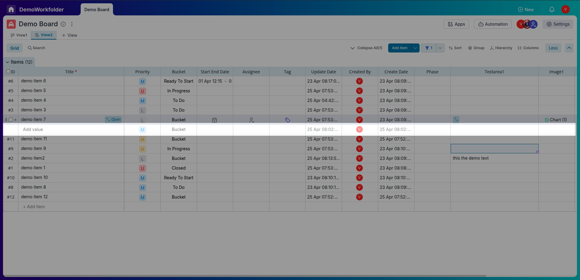 Create a new item in a specific position on the Grid by clicking the plus sign button that appears when hovering over an item