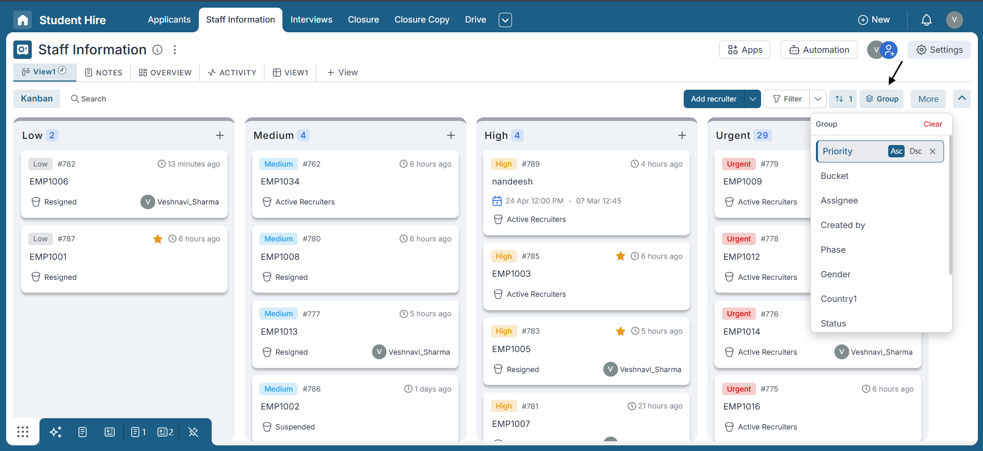 UPronnel allows you to view your data in different formats, such as by priority, assignee, or custom fields with dropdown options, using the 'Group by' feature.