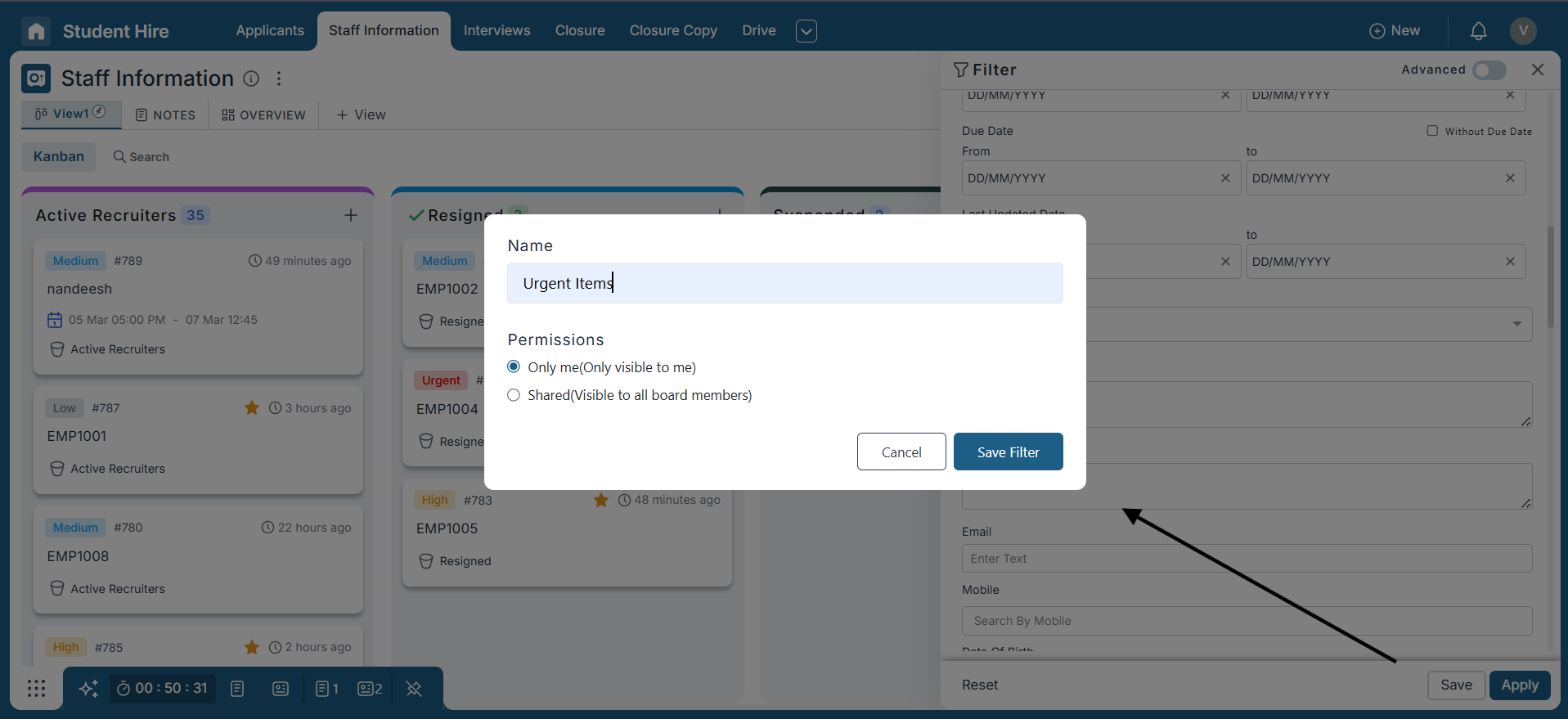 Set the filter criteria and save it using the appropriate option.