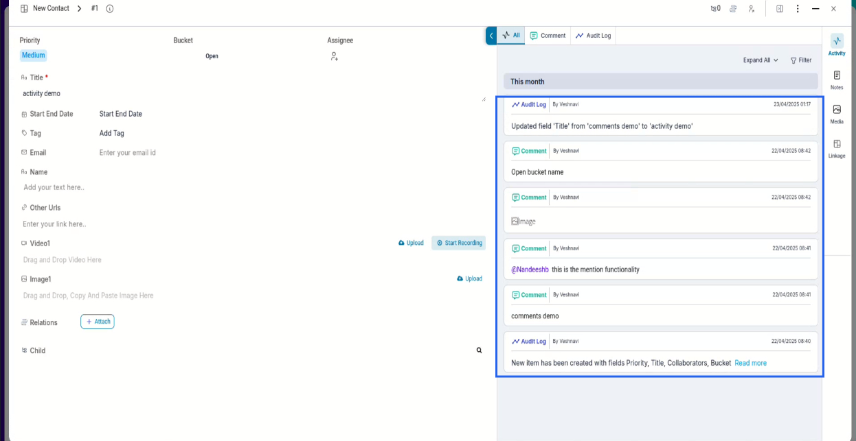 Item activity tab showing user and time-based changes.