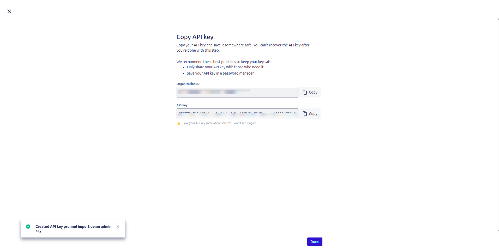 Copy the Organization ID and API key