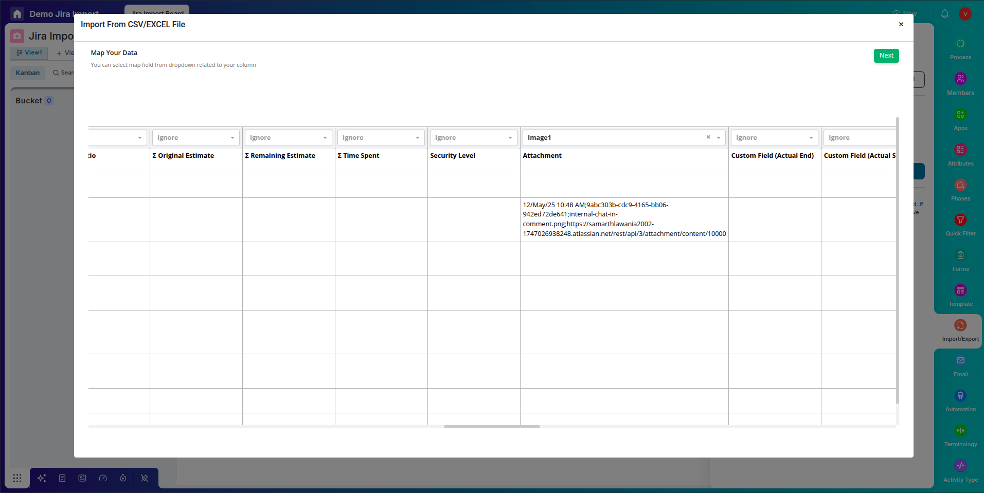 Map the columns from your Jira export to the Item Attributes on your Pronnel Board.