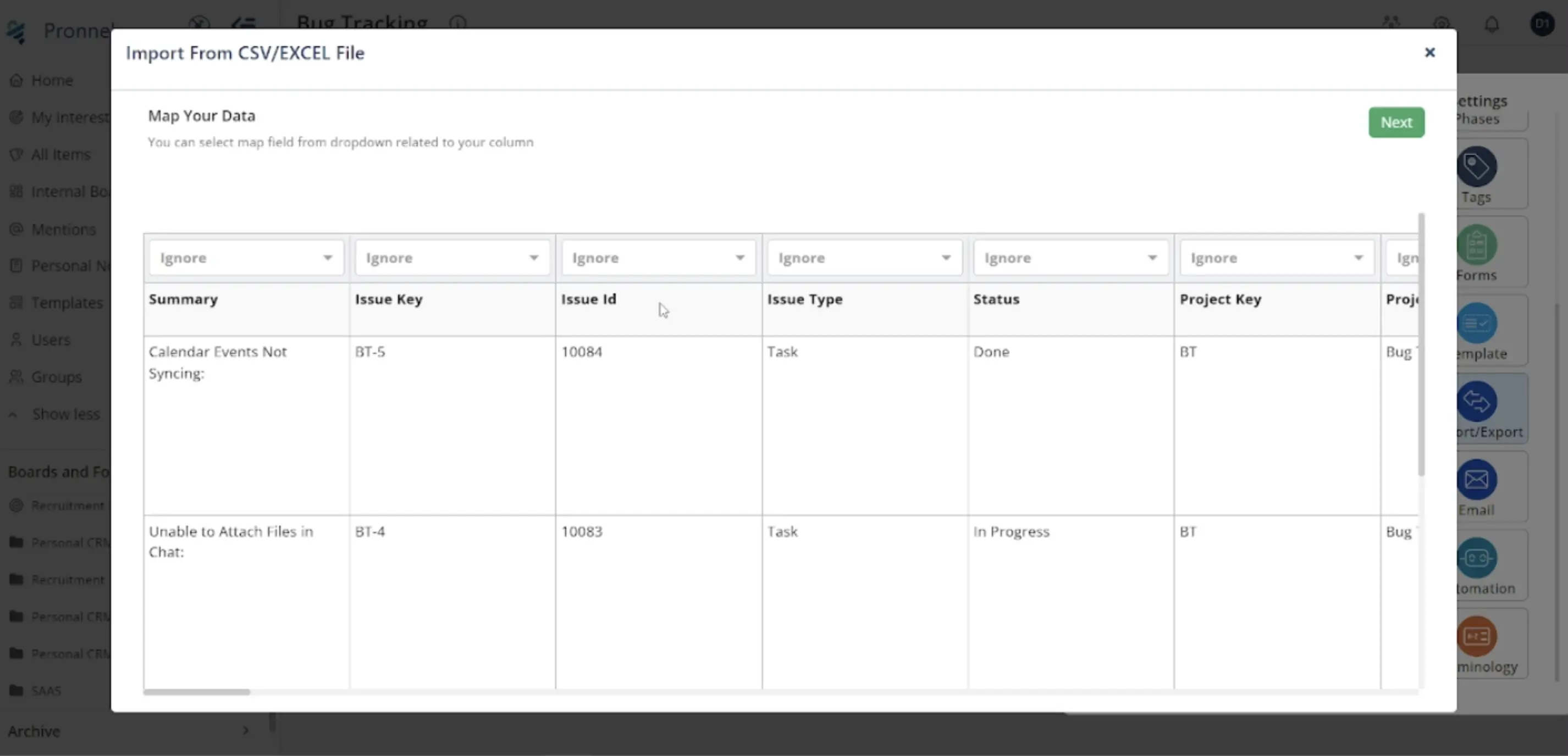 Map the columns from your Jira export to the Item Attributes on your Pronnel Board.