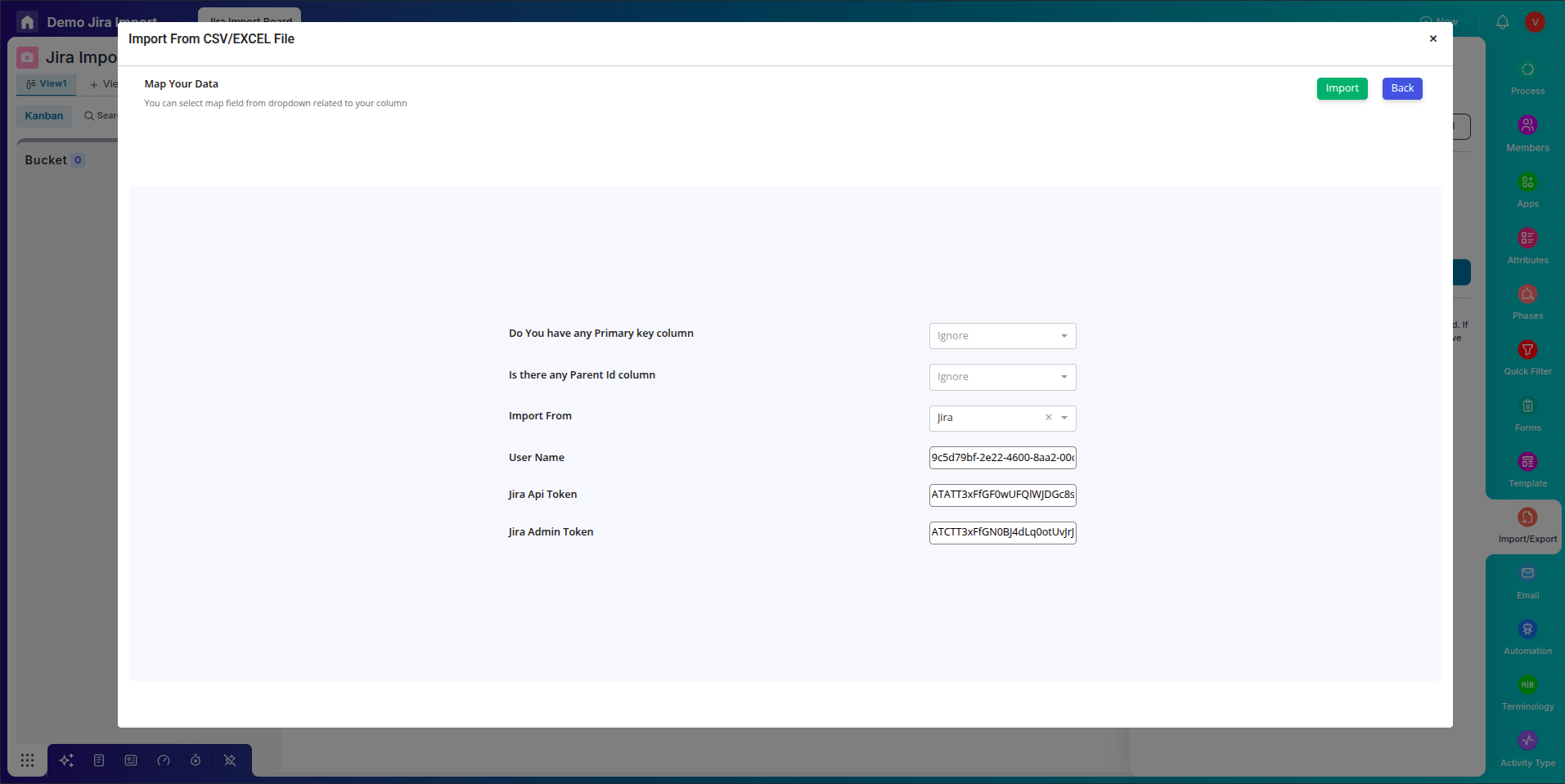 Add Jira username, API token, and Admin Token.