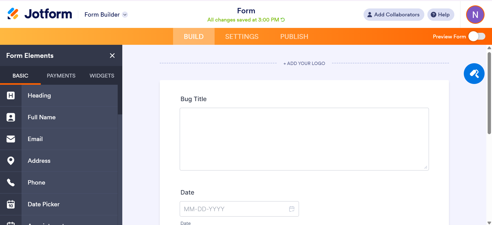 Sample Jotform Created for Bug Tracking Integration