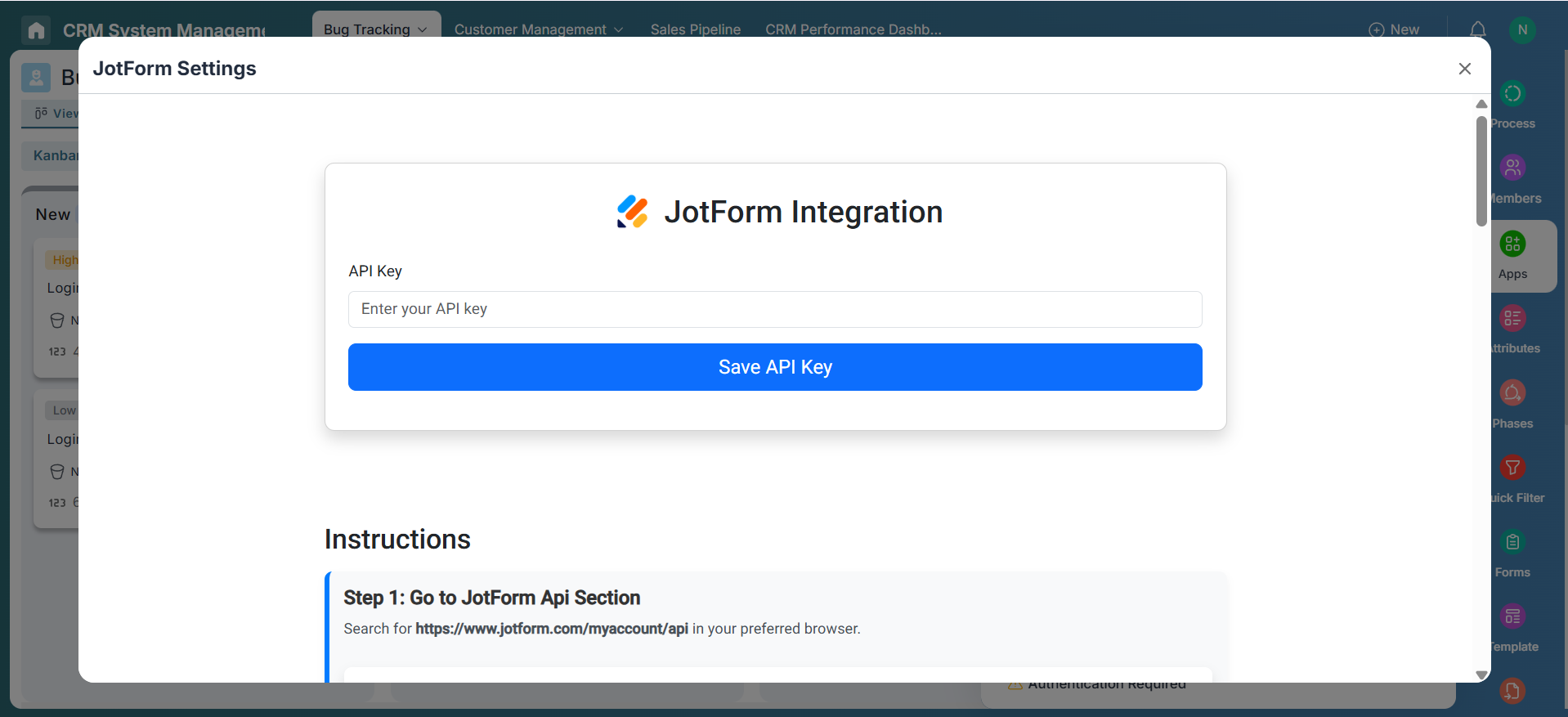 Manage Section for Jotform with API Key Input