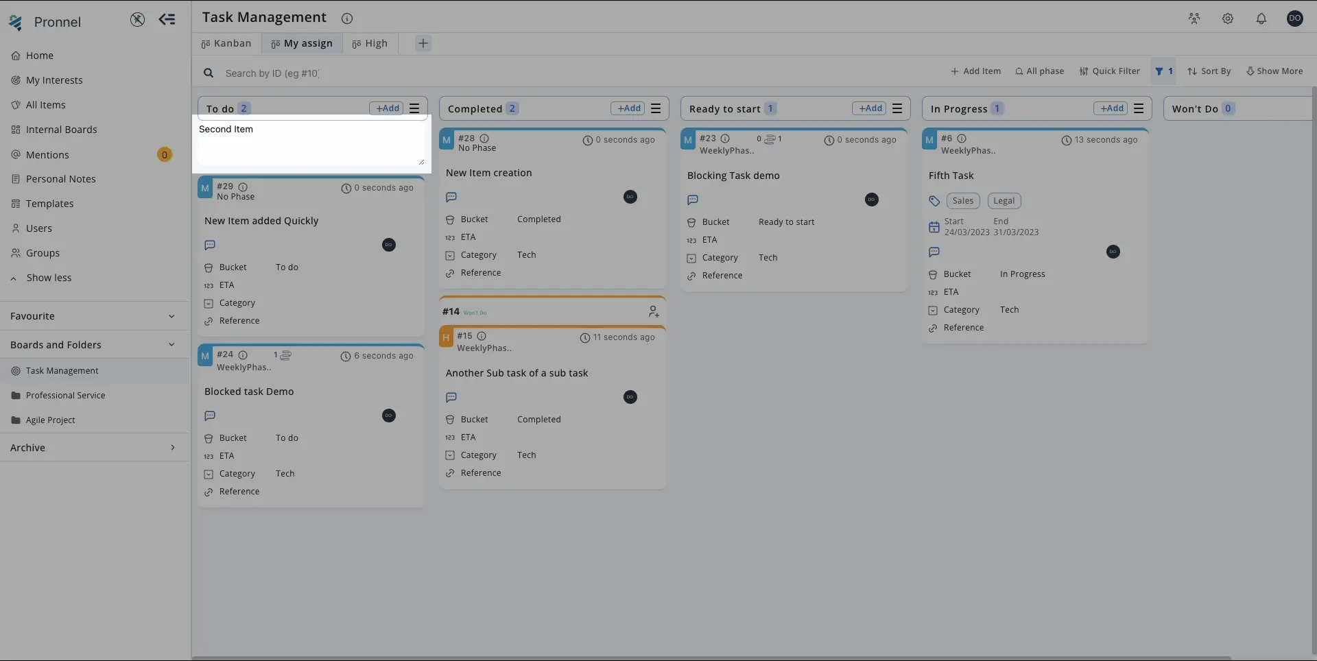  Click the 'Add' button at the top of the Kanban bucket to develop new items.