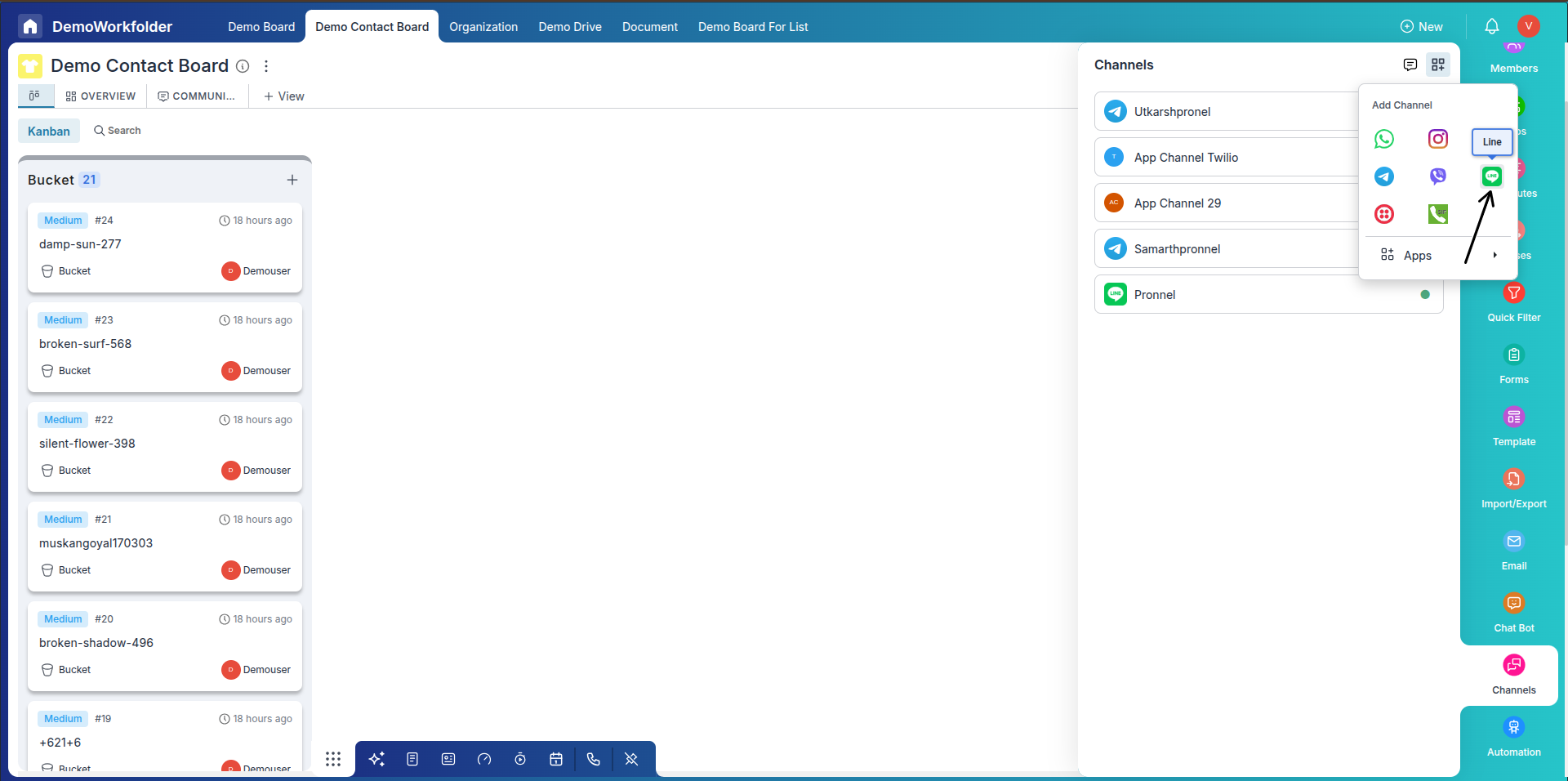  Click on Line option to create Line channel