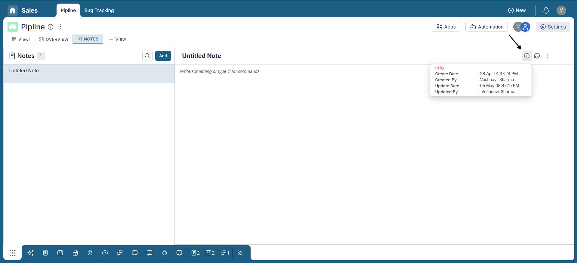 Viewing note metadata and version history using the Info icon in Pronnel