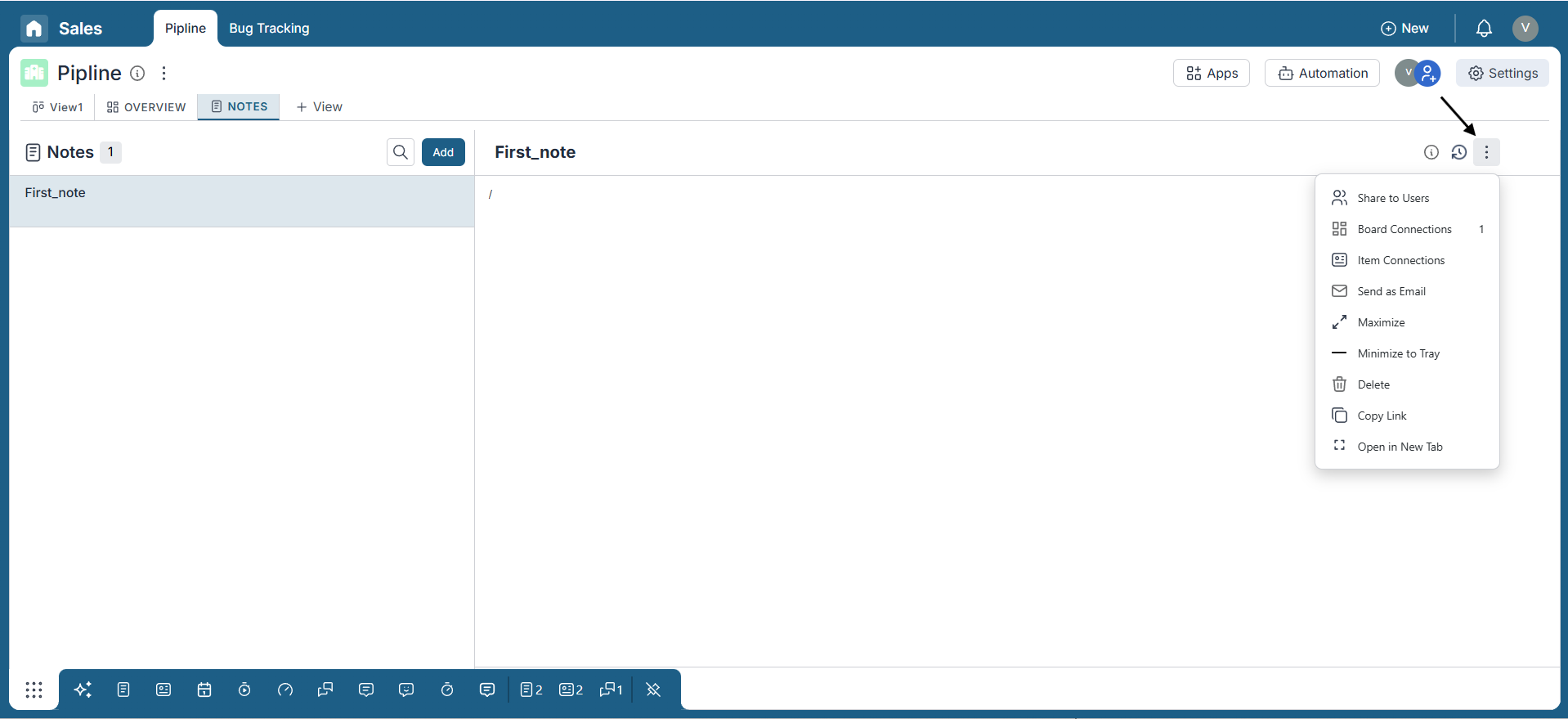 Note options including sharing, item connections, and view settings in Pronnel