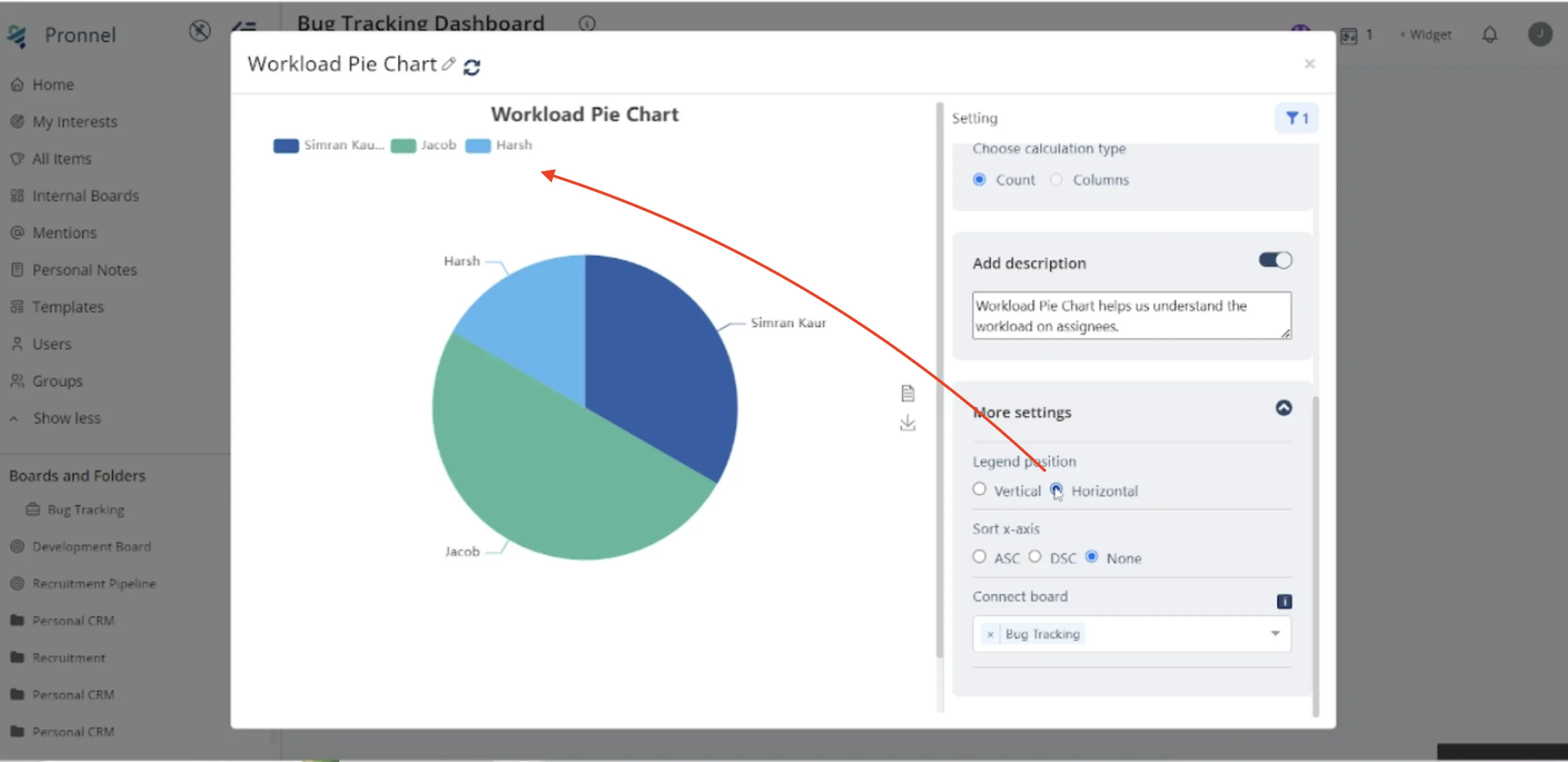 adjust the legend's position, sort the data, or specify the boards from which you want to draw data for the Pie Chart.