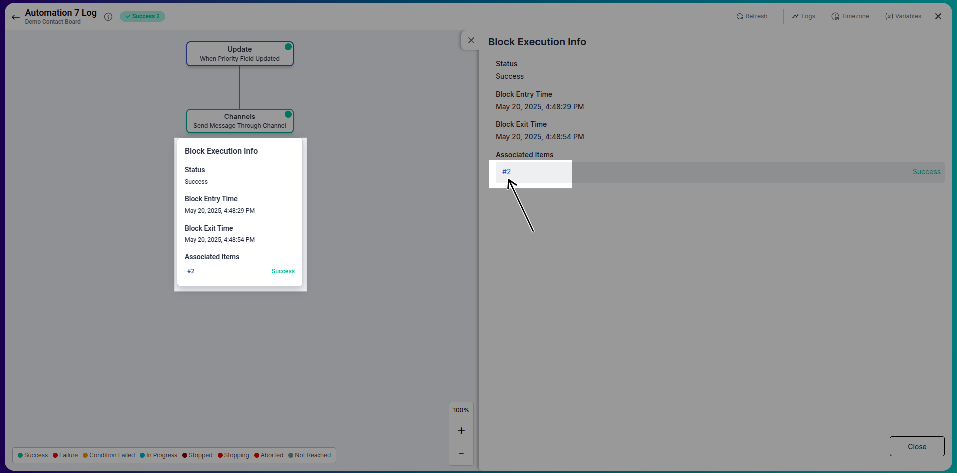 Automation logs view with filters and refresh button