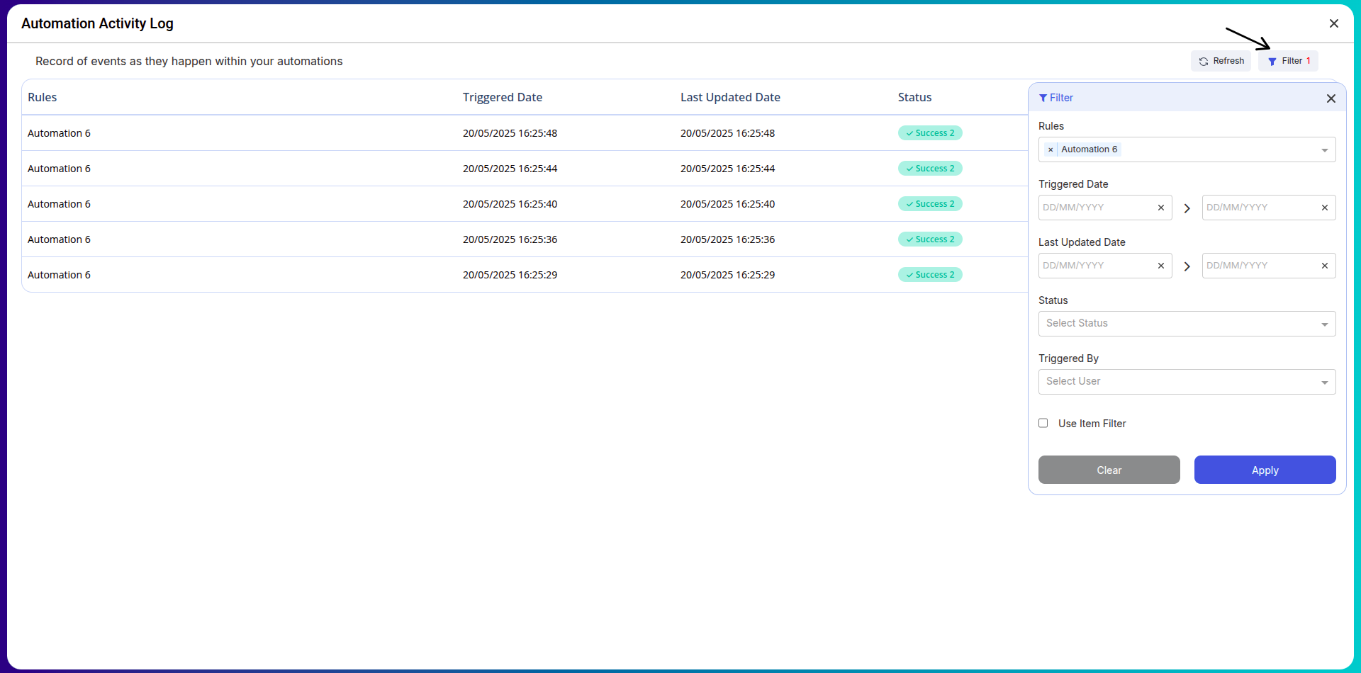Automation logs view with filters and refresh button