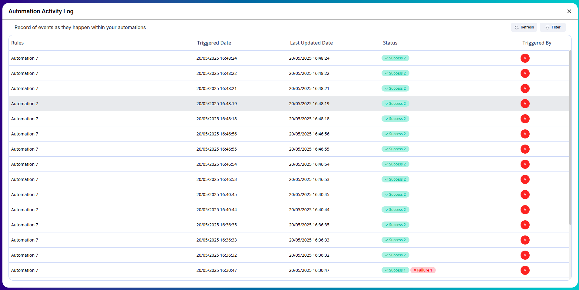 Automation logs view with filters and refresh button