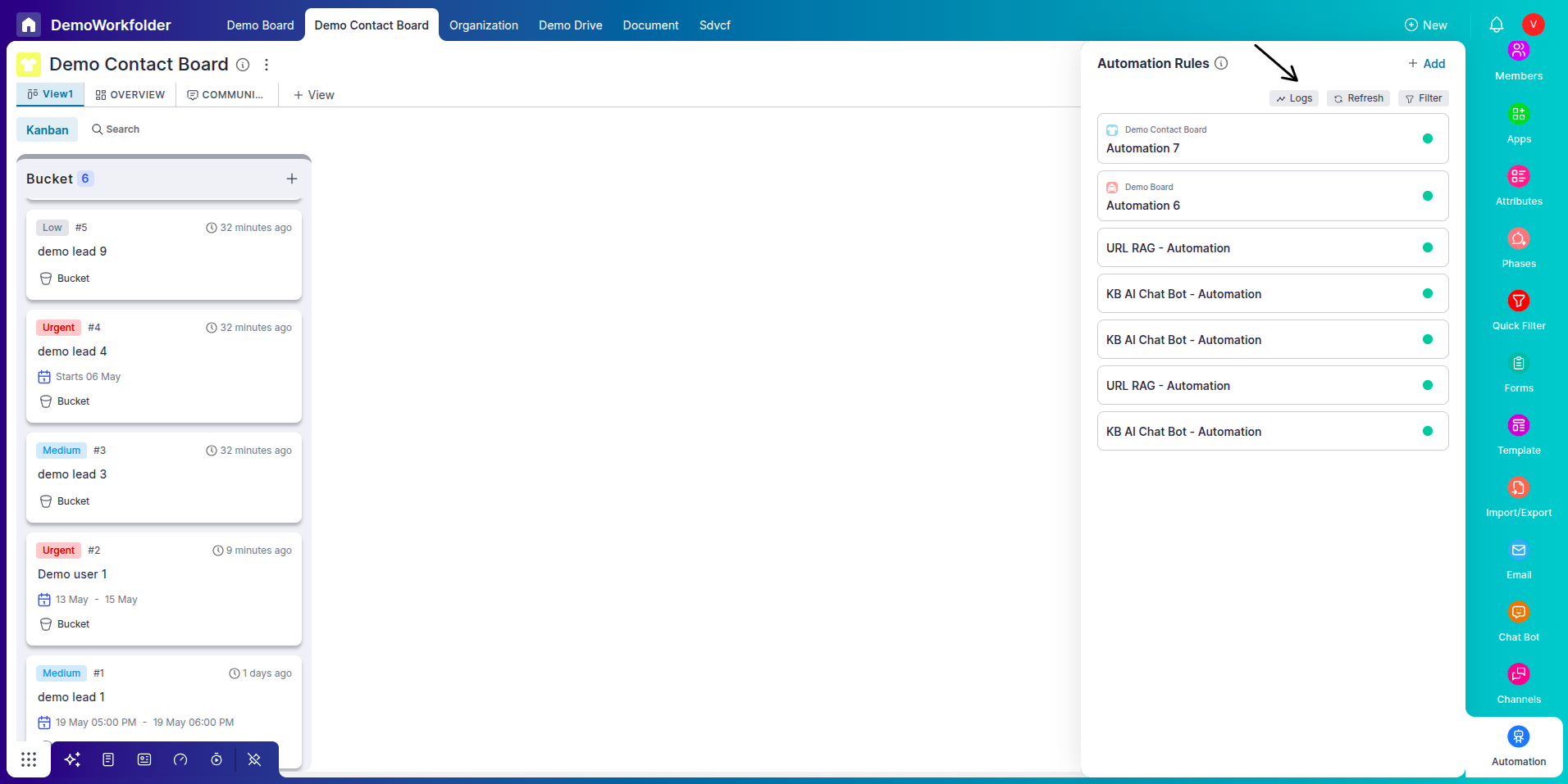 Automation logs view with filters and refresh button