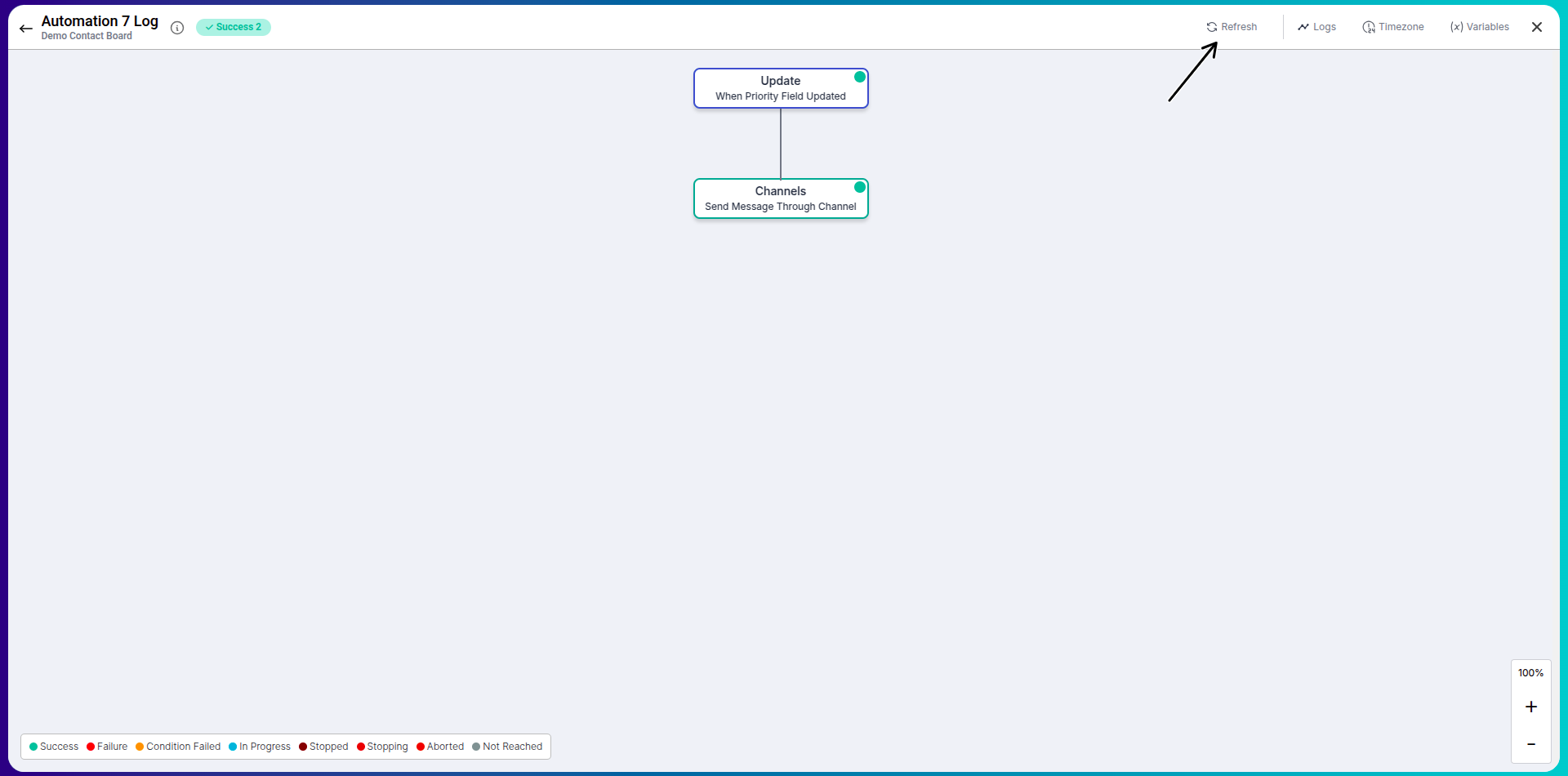 Automation logs view with filters and refresh button