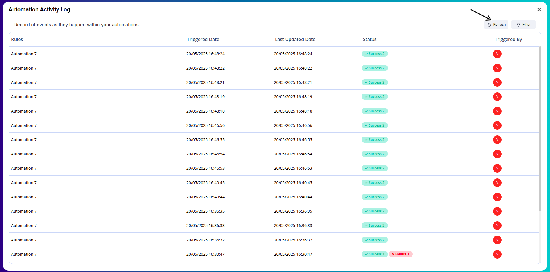 Automation logs view with filters and refresh button