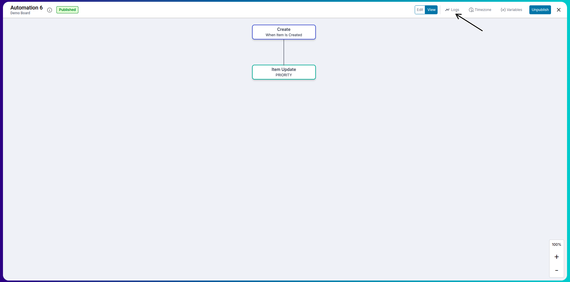 Automation logs view with filters and refresh button