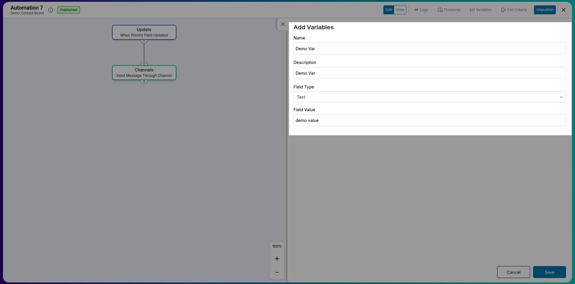 Screen showing variable definitions in automation template