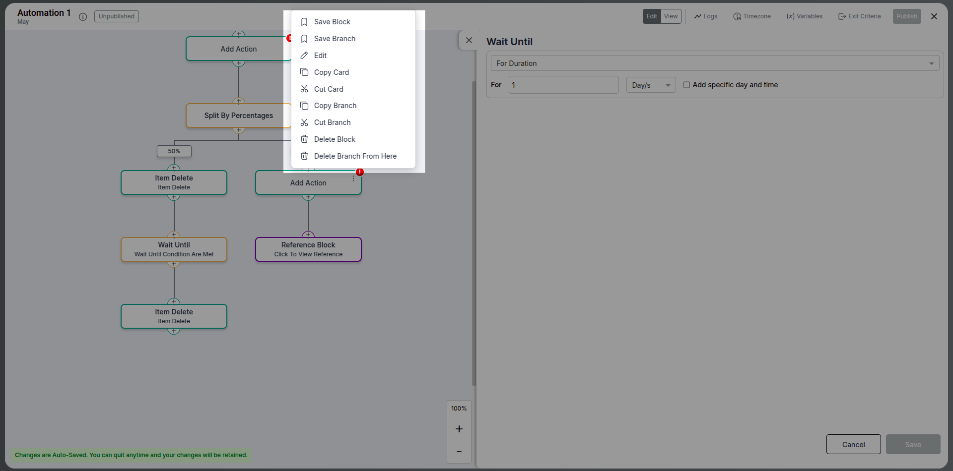 Automation blocks and branches editor interface
