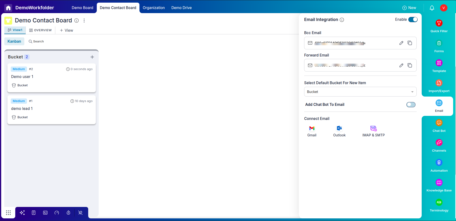 CRM board with Email Integration enabled