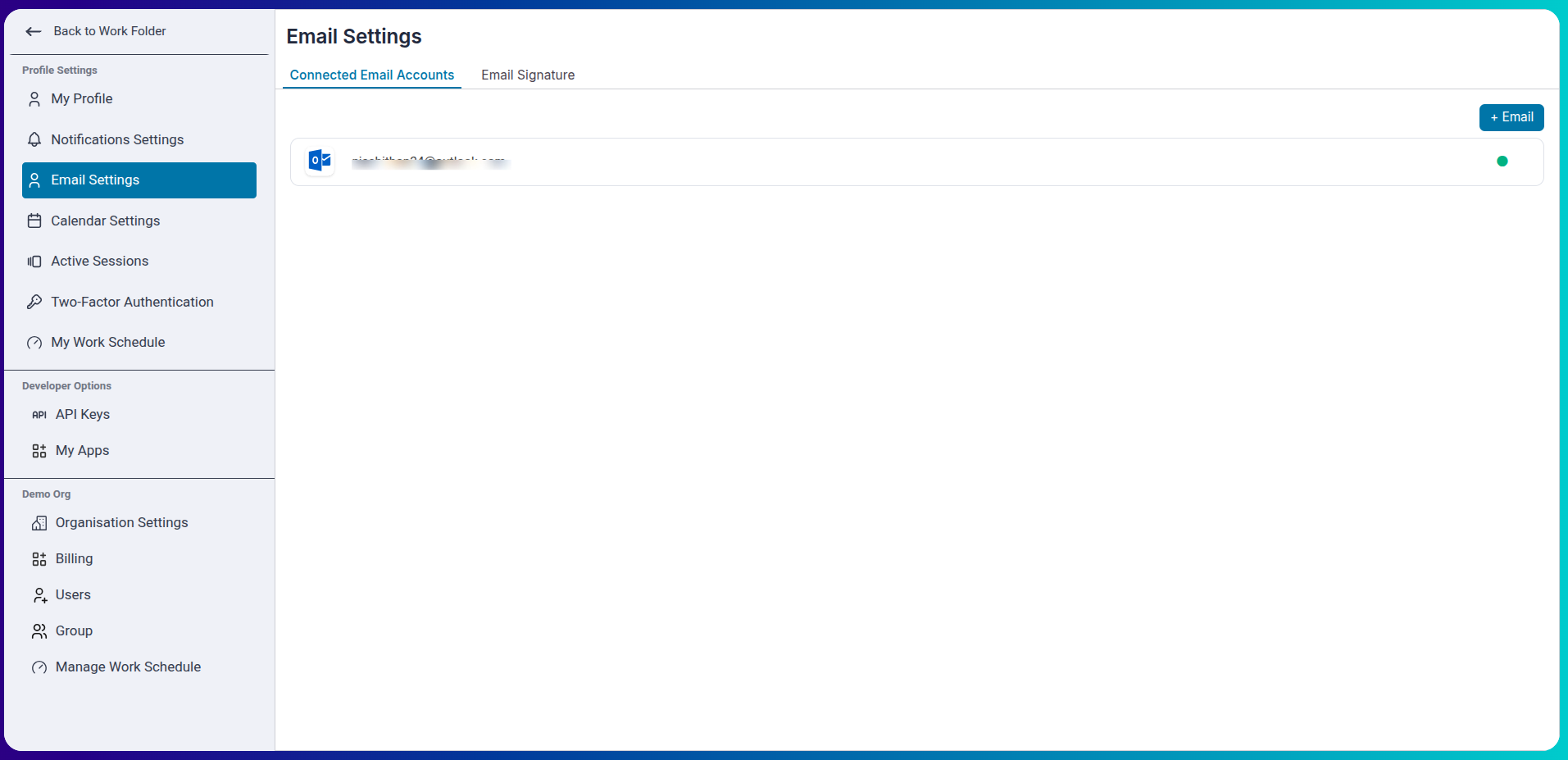 connected email accounts reflect under email settings