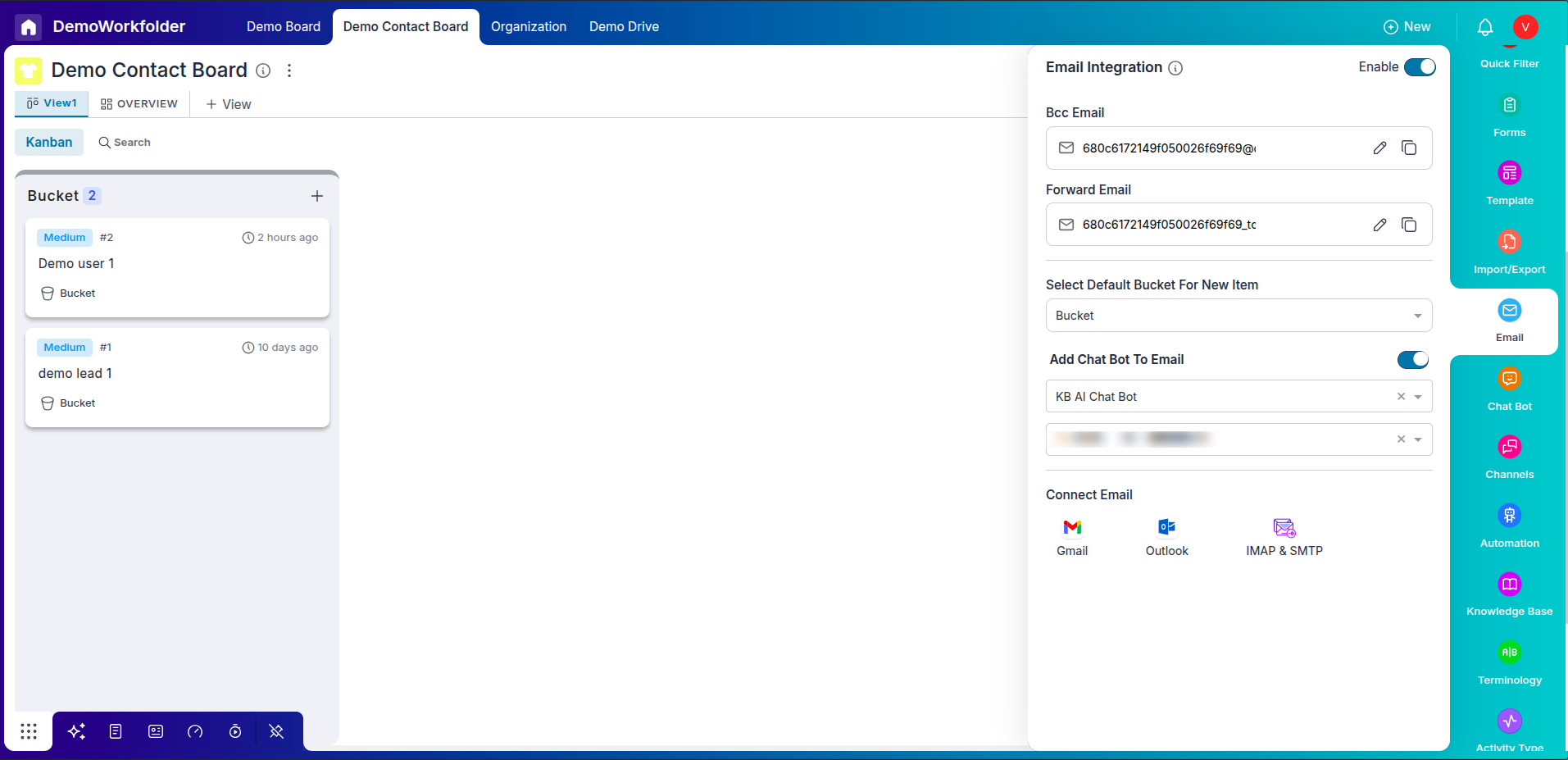 CRM board with Email Integration enabled