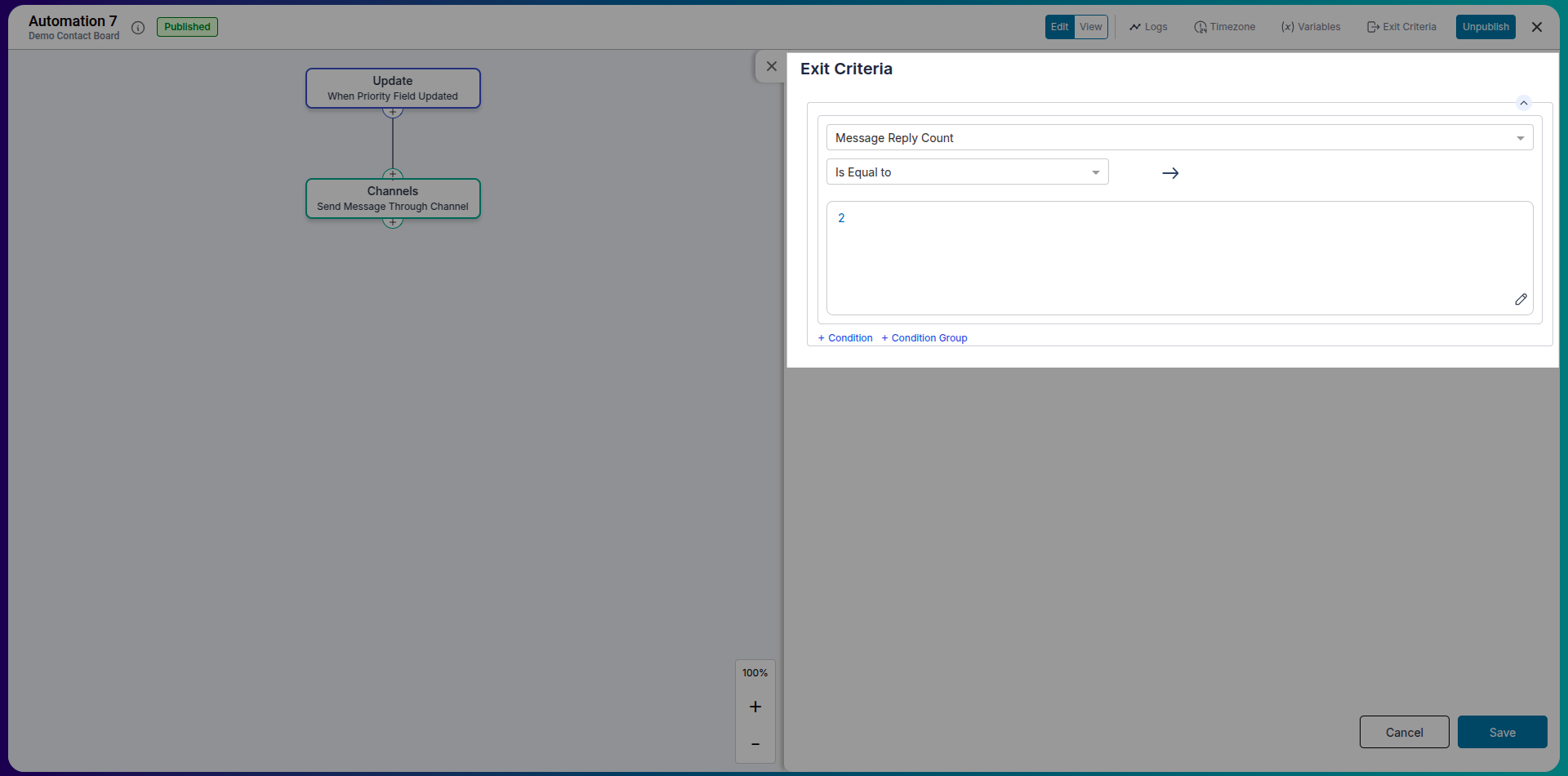 Setting exit criteria in automation editor
