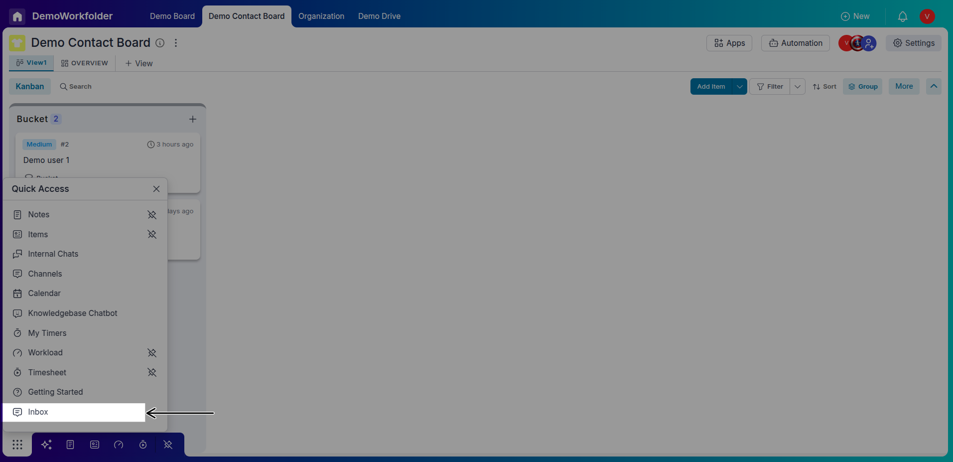 Inbox showing recent comments and updates