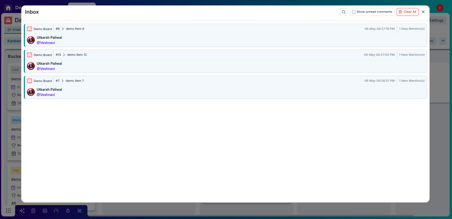 Inbox showing recent comments and updates