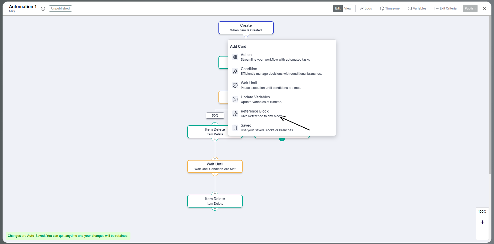Reference block example in automation editor