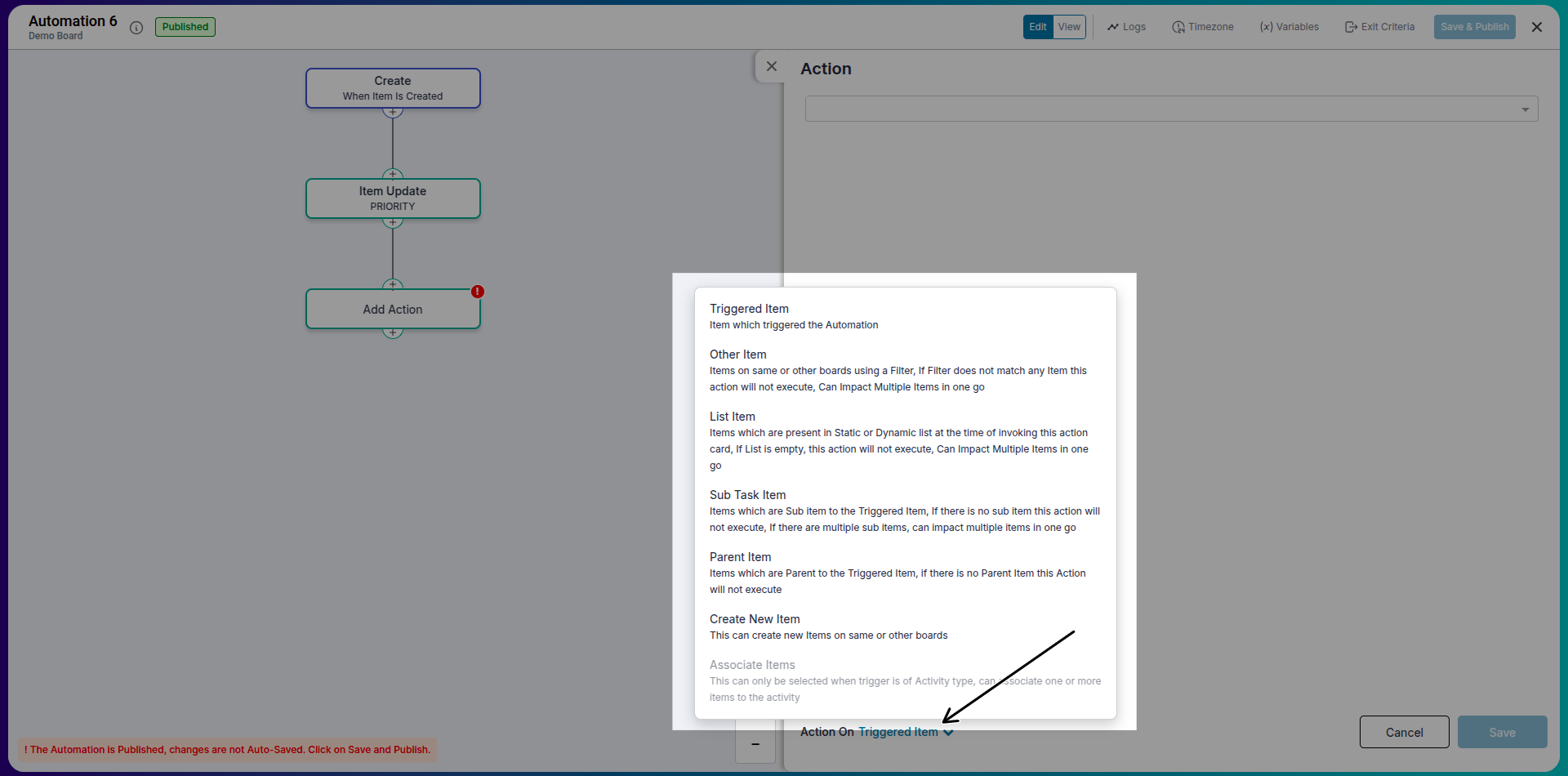 Example of target item selection in automation action