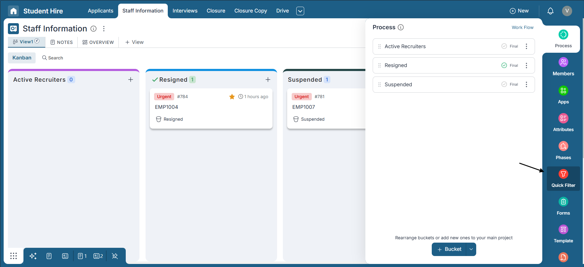 View of the Quick Filter menu inside the Settings sidebar in Pronnel.