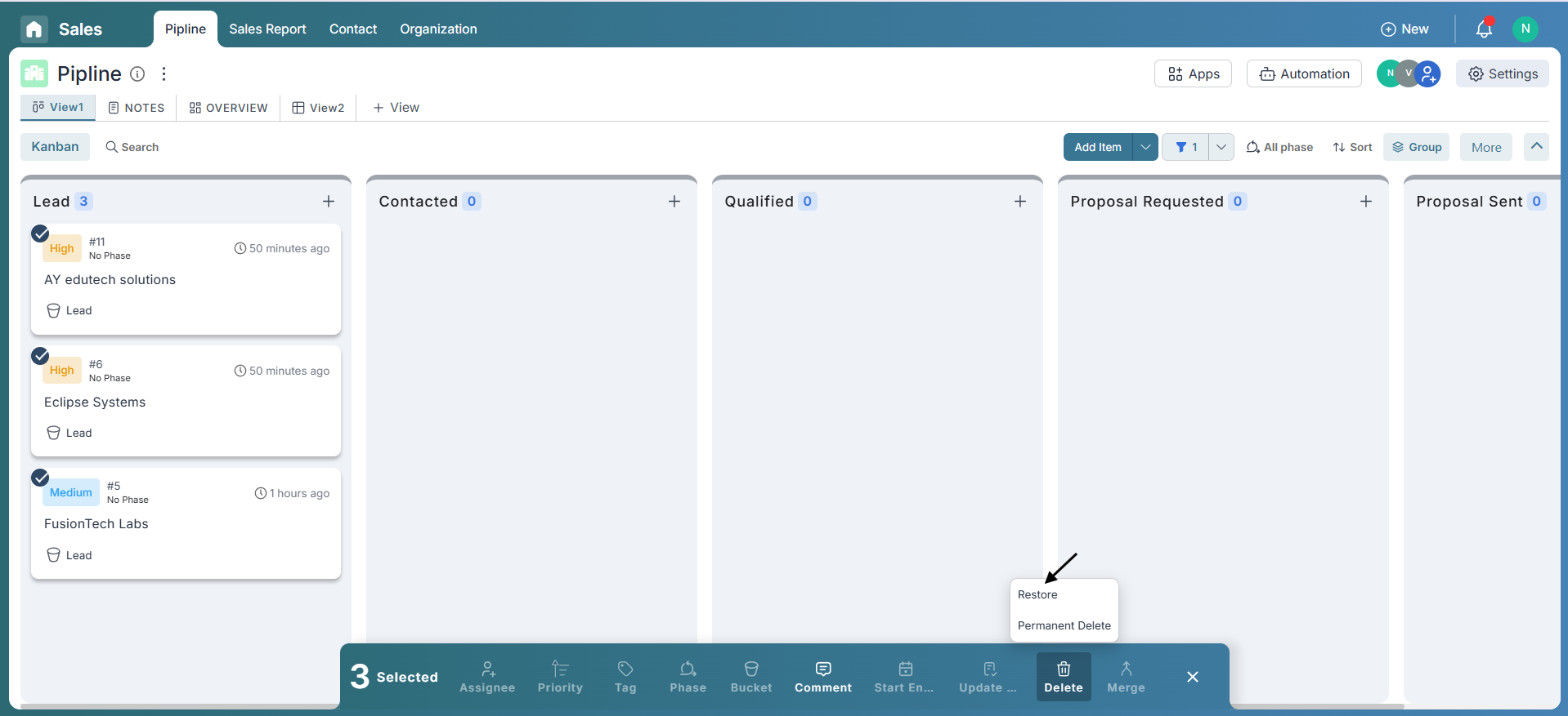 Restoring deleted items using multi-item selection and the restore option in Pronnel