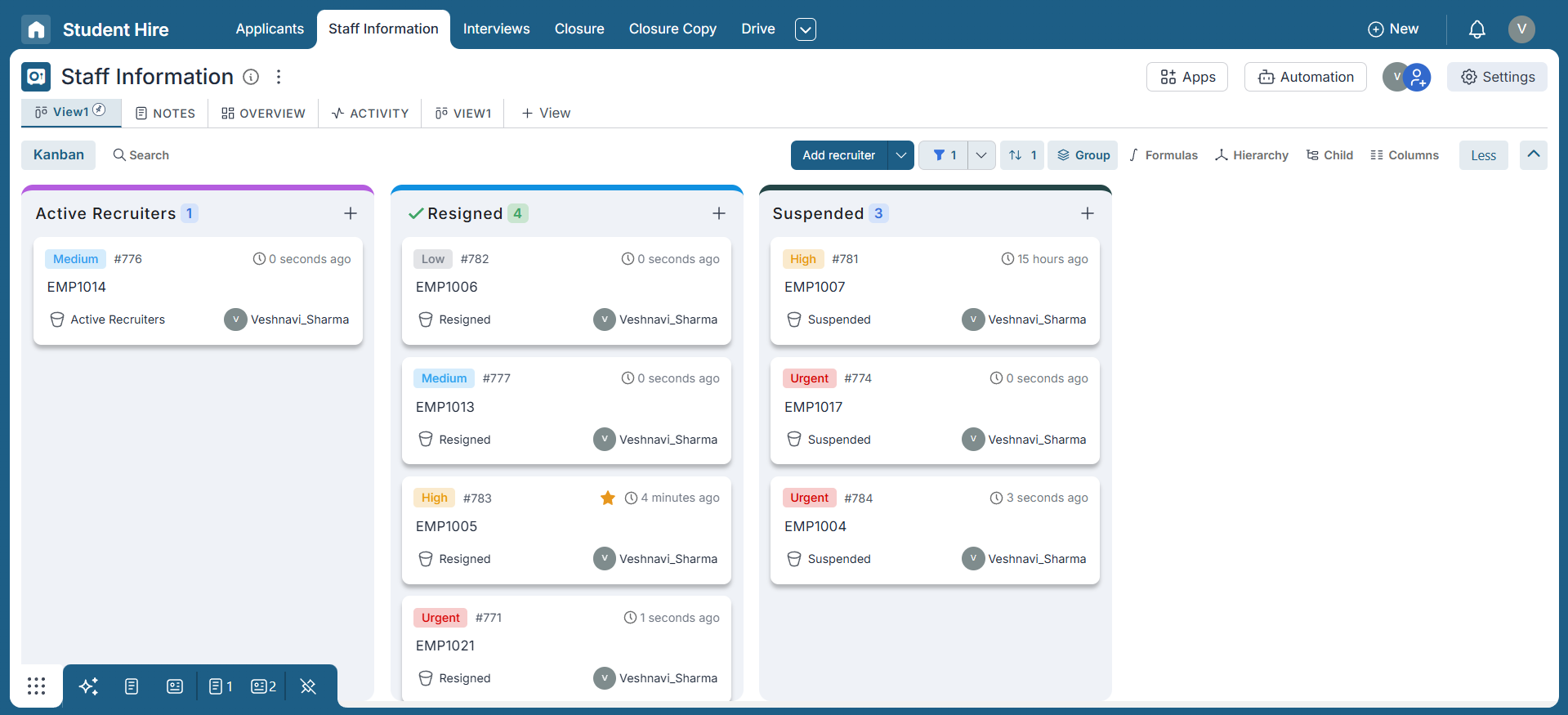 Example showing filtered view by Assignee and sorted by Priority in ascending order.