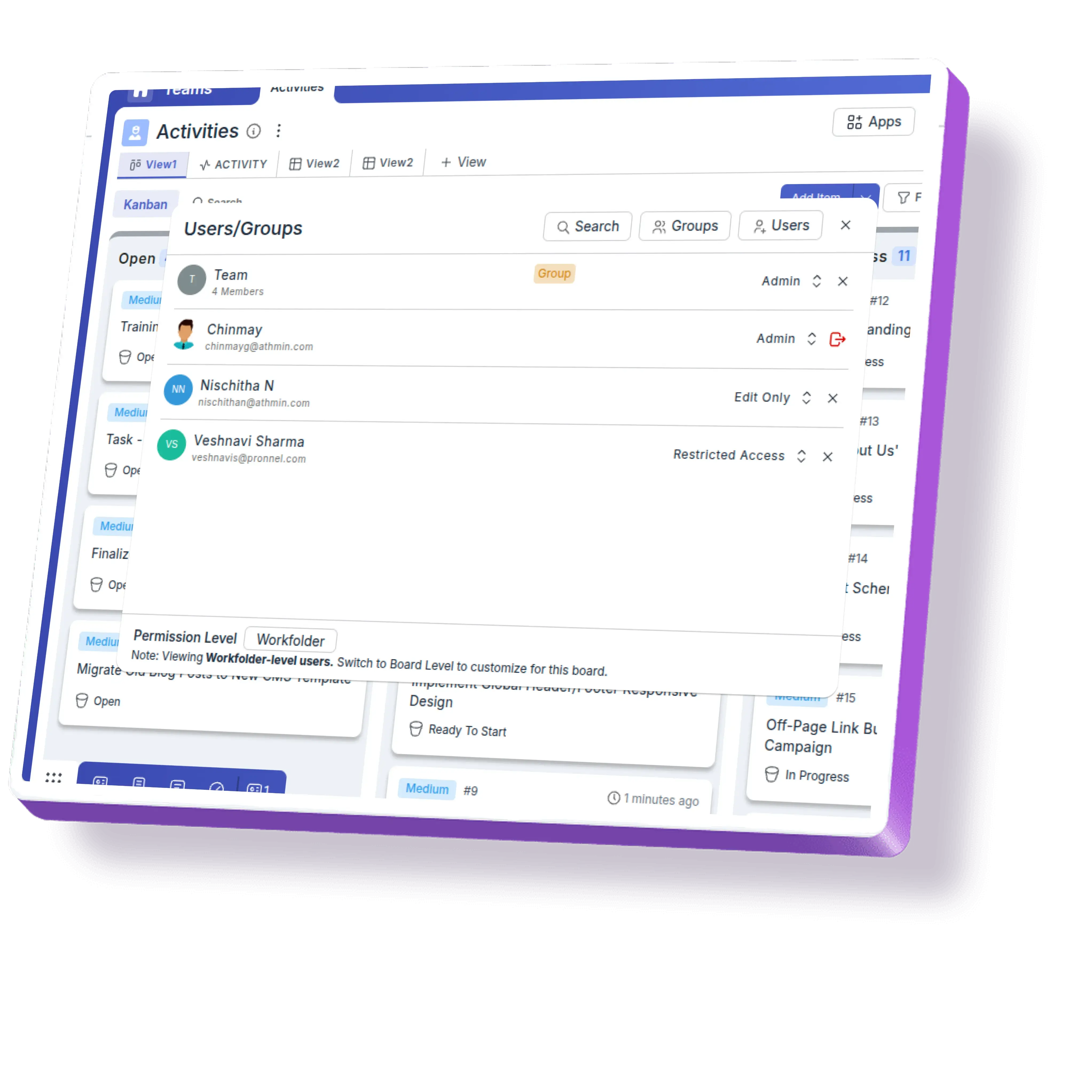 Visual representation of access levels and permissions, highlighting org admin, board admin, and user roles.