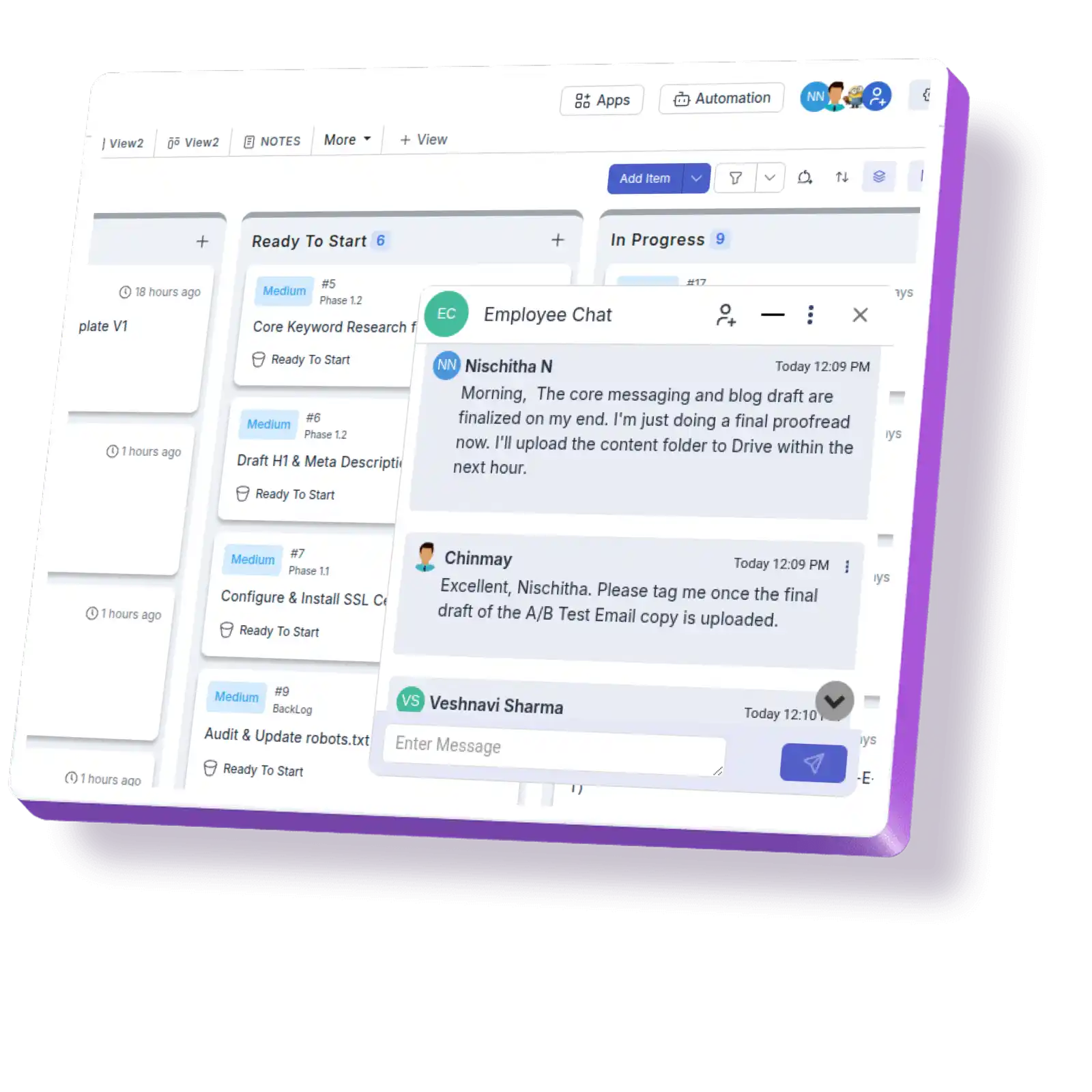 Team members collaborate in real-time using the internal chat feature, sharing files and tagging each other.