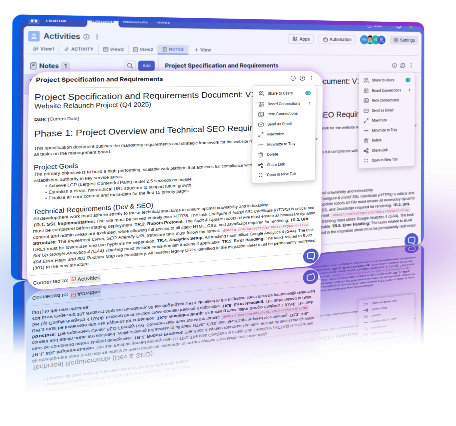Graphic showing sharing notes with specific users or boards, managing personal and shared notes.