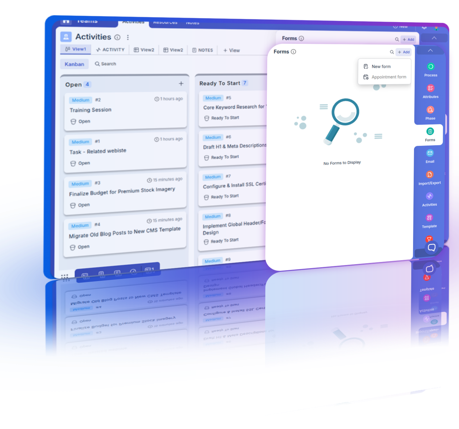 Illustration of board admins creating/editing forms, connecting channels, and managing third-party app integrations.