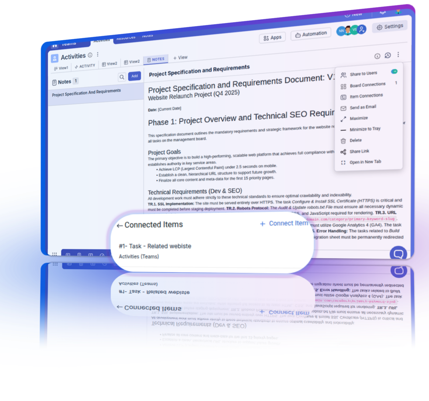 Team members attaching notes to boards and tasks for enhanced collaboration, decision recording, and KPI monitoring