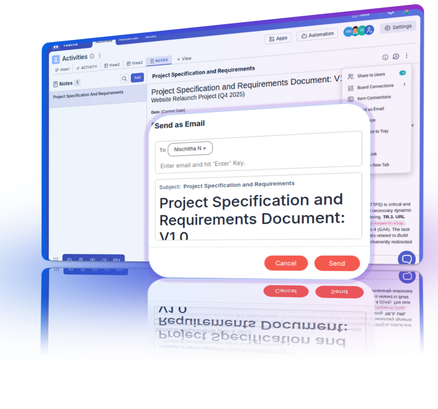 Showing conversion of notes into emails or tasks, complete with version tracking and extended communication capabilities