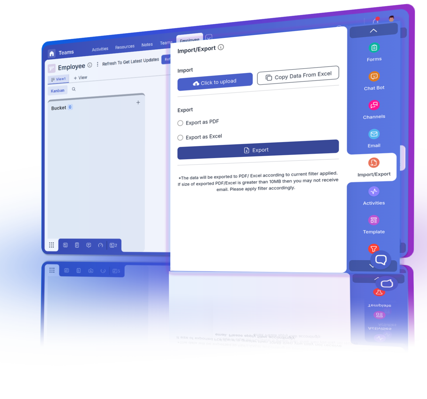 Secure data export with admin control, allowing filtered exports in PDF or Excel formats.